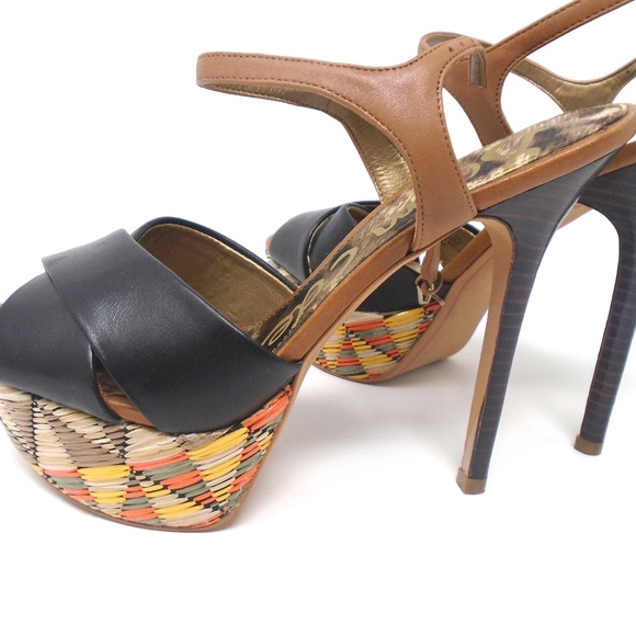 SAM EDELMAN BLACK LEATHER STRAPPY WOVEN HEELS - Picture 3 of 7